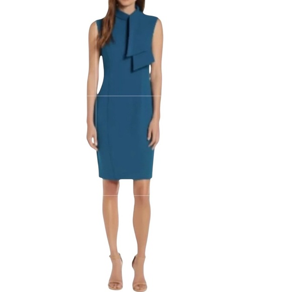 Harper Rose Tie Neck Sheath Teal Dress Sze 14 Cap sleeves Classic Fitted New